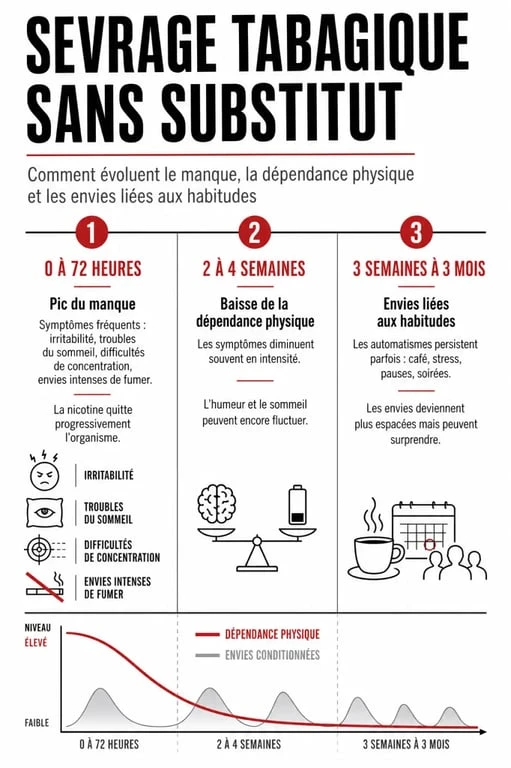 Infographie sur la durée sevrage tabagique sans substitut avec les principales phases et symptômes
