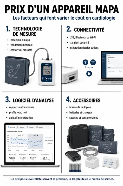 Infographie des facteurs influençant le prix d'un appareil de MAPA en cardiologie