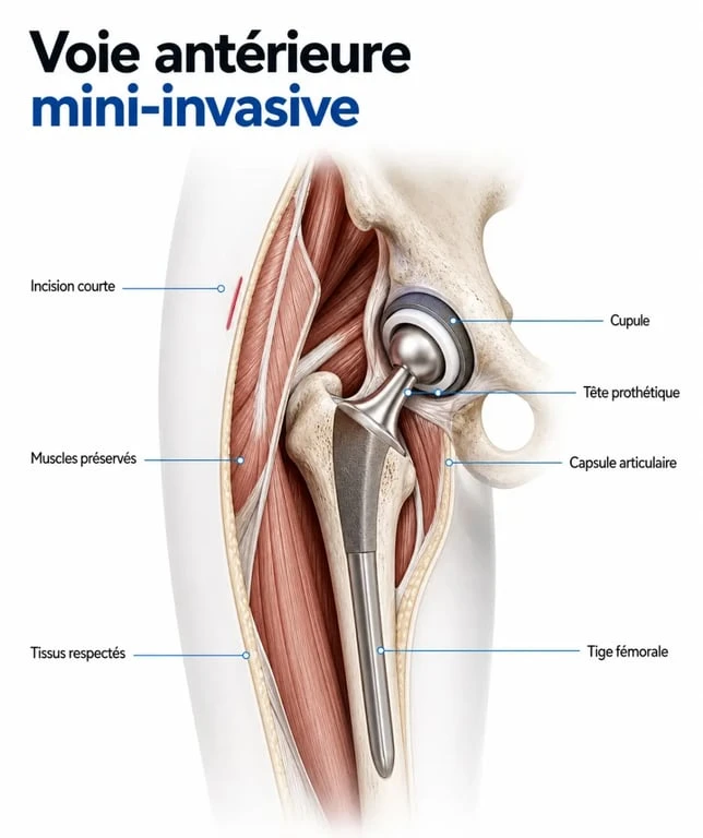 Opération hanche nouvelle technique : schéma de la voie mini-invasive antérieure