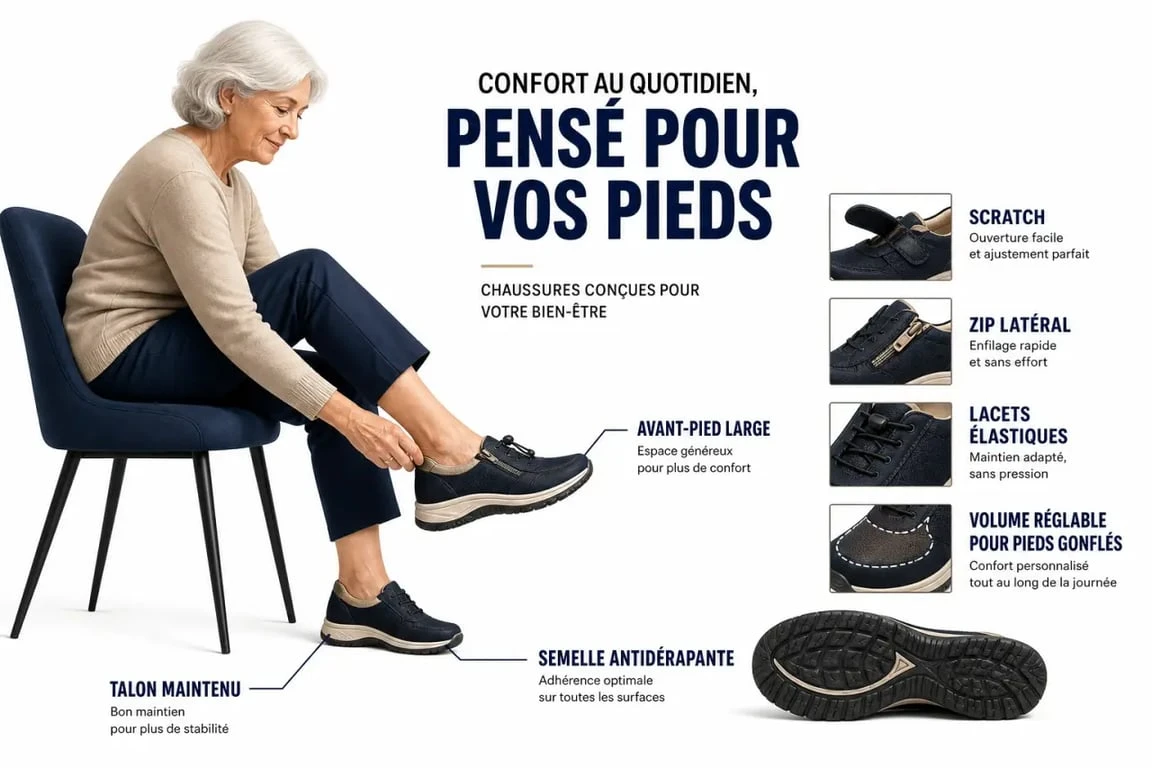 Chaussures femme personnes agées : repères visuels pour choisir une paire confortable, stable et facile à enfiler