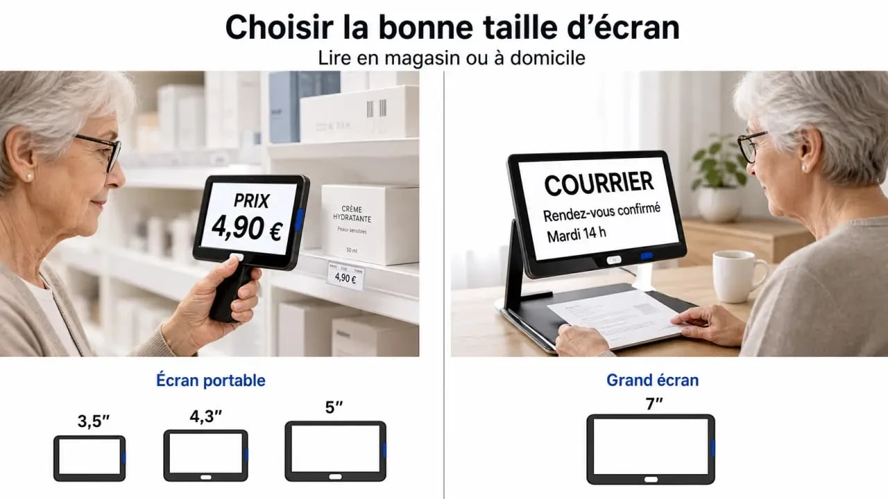 Loupe électronique en usage à domicile et en déplacement pour comparer les formats et le confort de lecture