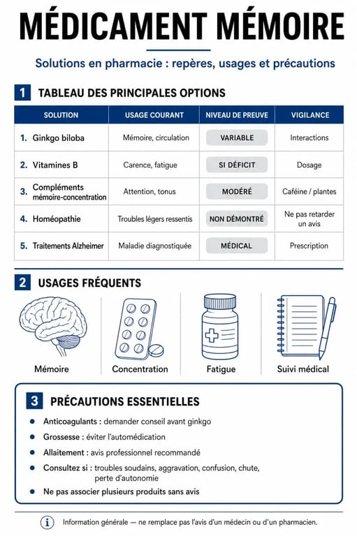 Infographie sur le médicament mémoire avec comparatif des solutions en pharmacie et précautions