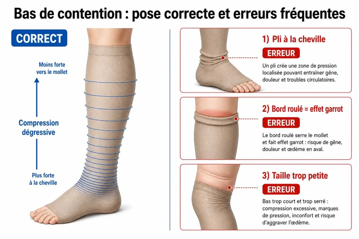 Bas de contention trop serré risques : schéma des erreurs de pose et des signes d’un mauvais ajustement