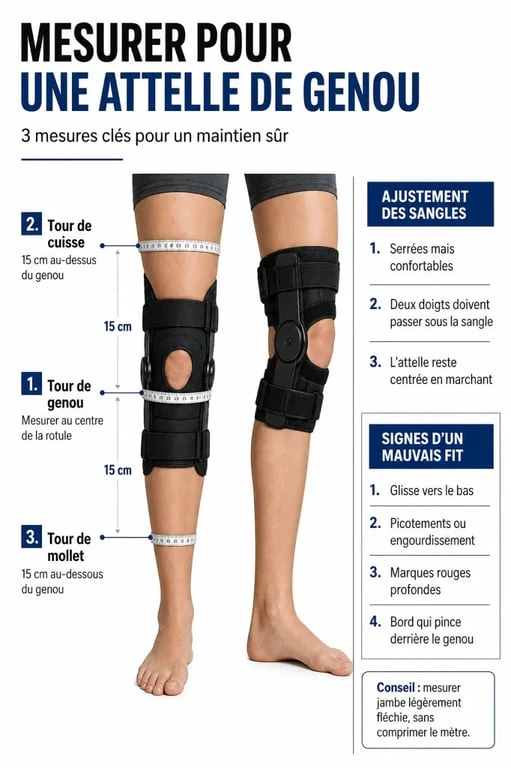 Entorse genou attelle : mesure du tour de genou, de cuisse et de mollet pour choisir la bonne taille