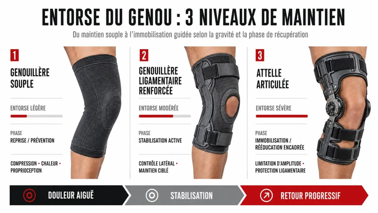 Entorse genou attelle : comparaison des types d’attelles selon la gravité et la phase de récupération
