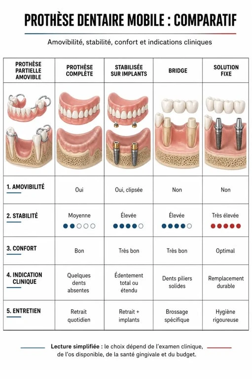 Comparatif prothèse mobile dentaire entre prothèse partielle, complète, sur implants, bridge et solution fixe