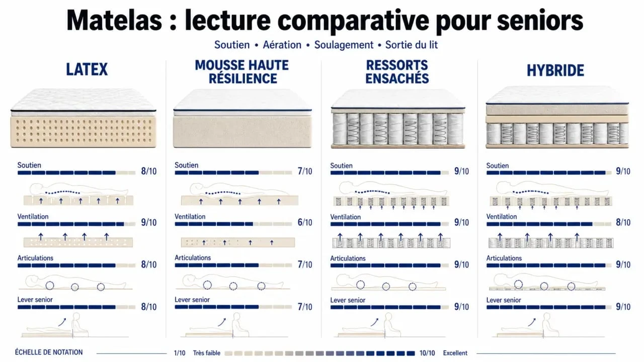 Meilleur matelas pour seniors : comparaison visuelle des technologies et critères de choix