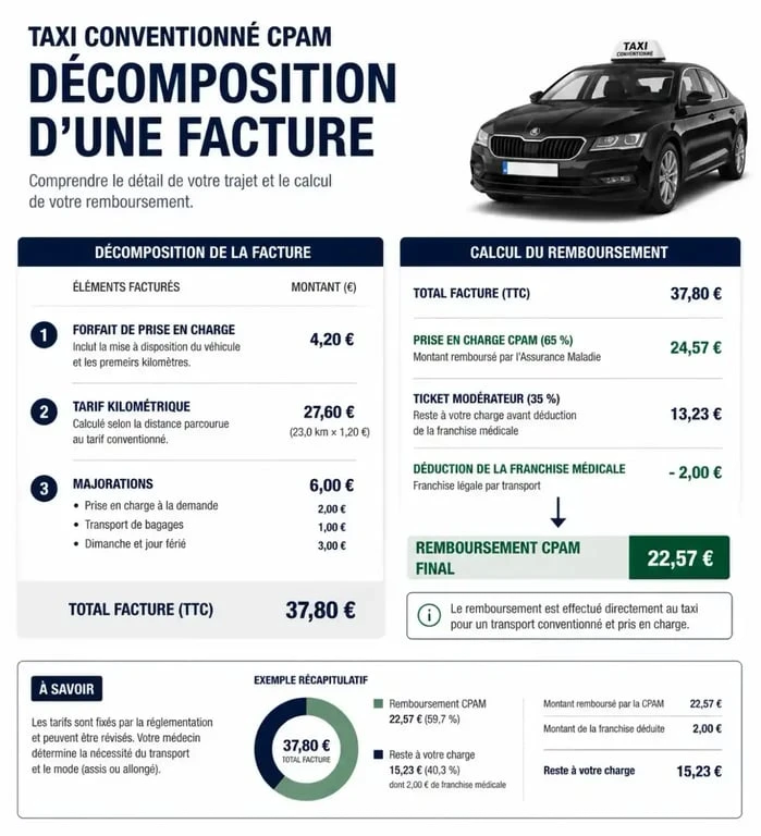 Schéma explicatif du calcul du tarif d'un taxi conventionné CPAM et des modalités de remboursement