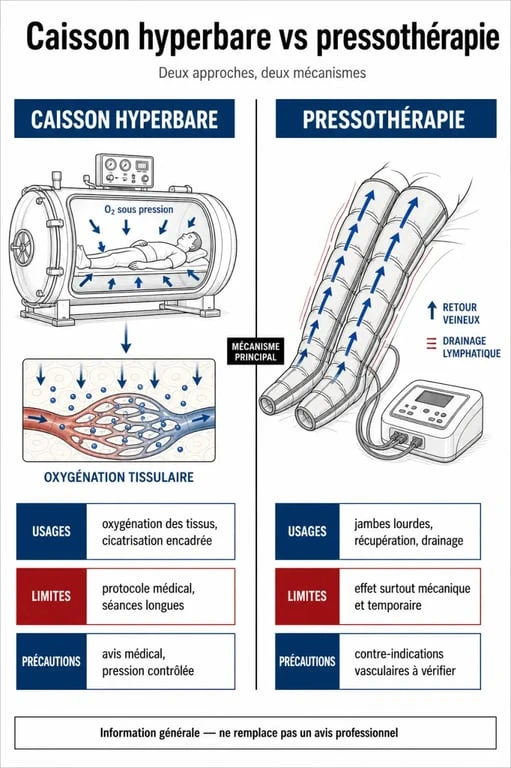 Infographie comparative sur caisson hyperbare pressothérapie, montrant les différences entre oxygénation et drainage circulatoire