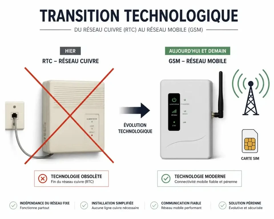Schéma comparatif de la téléassistance : passage du réseau RTC à la technologie GSM pour la présence verte sans ligne fixe