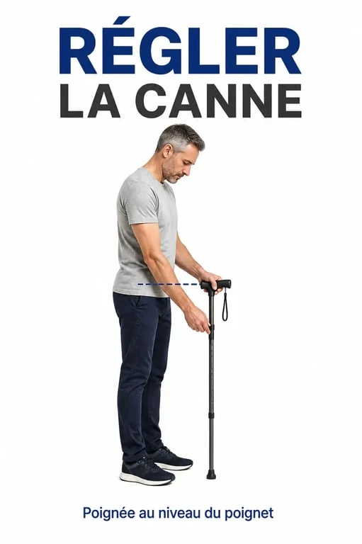 Une canne de marche bien réglée à la hauteur du poignet
