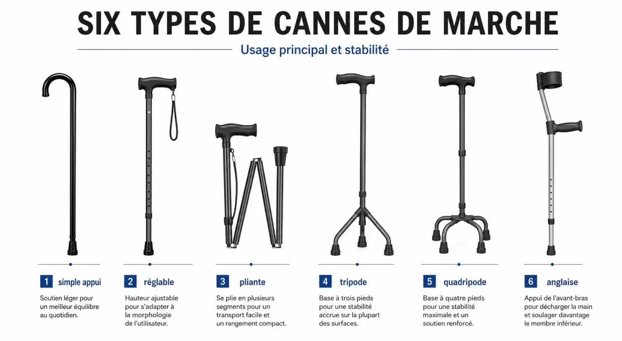 Une canne de marche : comparatif visuel des principaux types