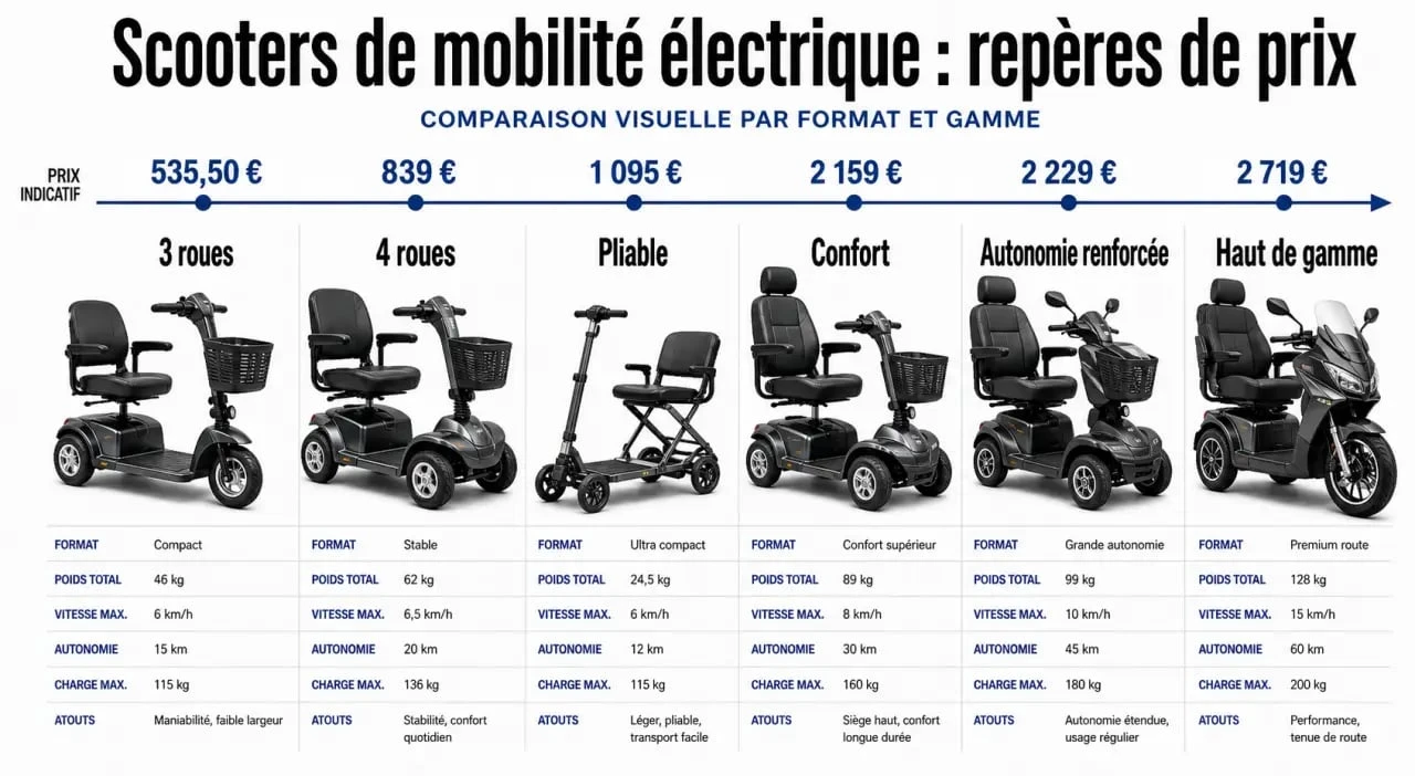Comparatif du scooter mobilité électrique Freego Senior et des scooters PMR équivalents avec prix et options