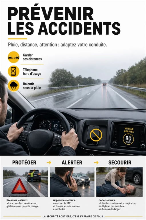 Prévenir les risques d’accidents de la route et protéger sa santé : conducteur vigilant, distance de sécurité, téléphone hors de portée et réflexe protéger alerter secourir