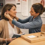 Oticon appareil auditif : prothésiste ajuste une aide auditive en centre auditif