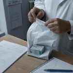 Pharmacie à domicile : pharmacien ajuste un sac scellé après ordonnance