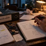 Dyspraxie adulte : signes au quotidien, main sur un carnet et documents