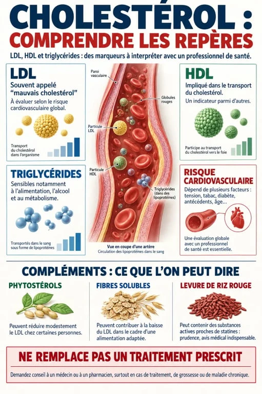 Complément alimentaire cholestérol : infographie sur le LDL, le HDL, les triglycérides et les actifs