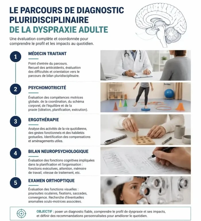 Infographie du parcours de diagnostic de la dyspraxie adulte