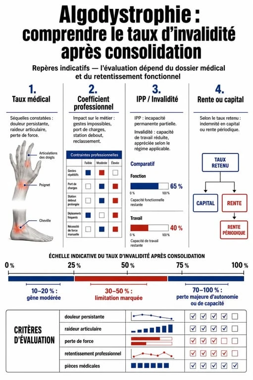 taux invalidité pour algodystrophie : infographie comparative des critères médical, professionnel, IPP, invalidité et rente