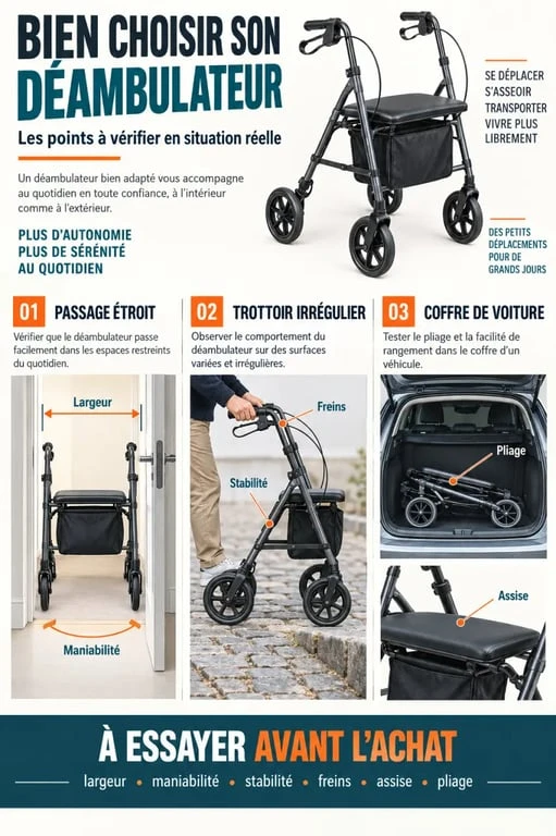 Déambulateur Rollglide ergonomique : critères visuels pour évaluer largeur, stabilité, freins et pliage