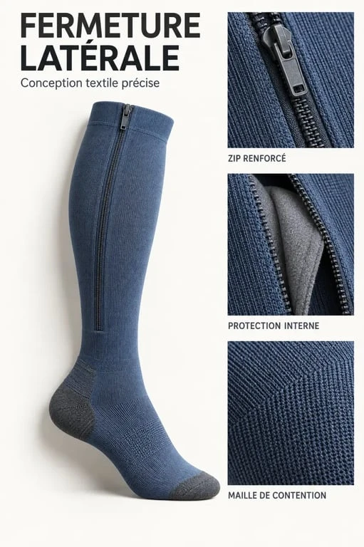 Bas de contention avec fermeture éclair et protection textile interne