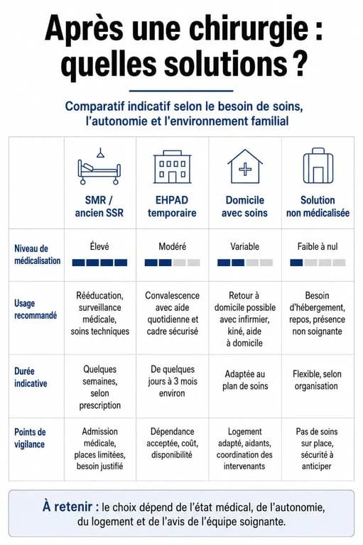 Comparaison maison de convalescence après chirurgie entre SMR, EHPAD temporaire, domicile avec soins et solution non médicalisée