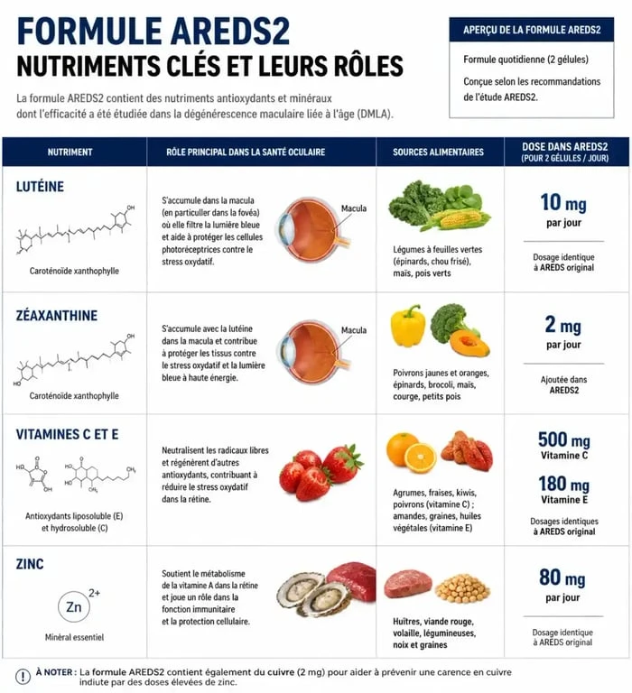 Composition des compléments alimentaires AREDS2 pour la DMLA