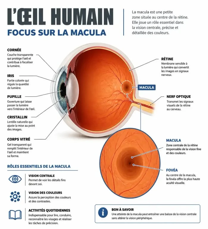 Schéma de la macula et de la rétine pour comprendre la DMLA et les compléments alimentaires