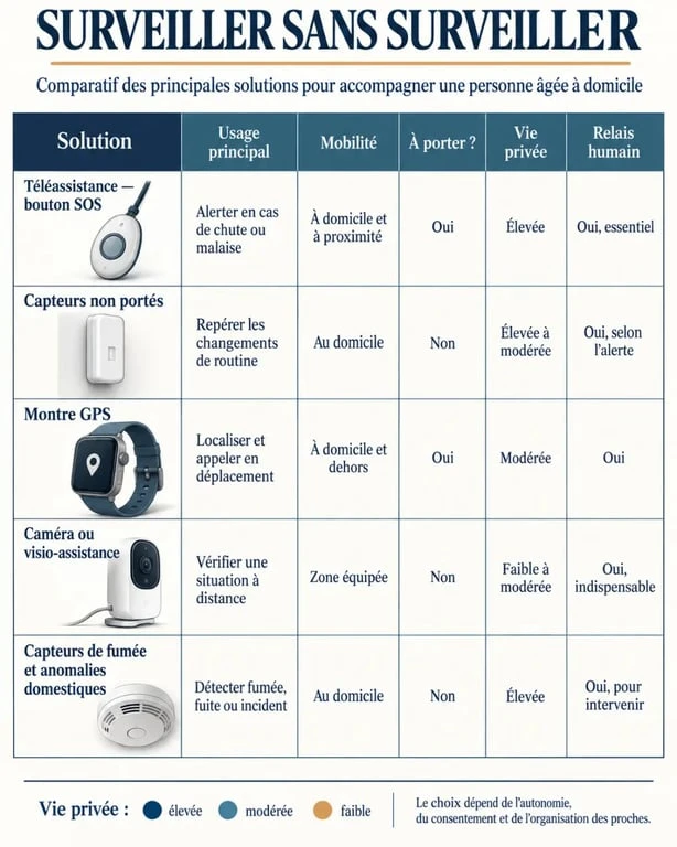 Infographie des solutions de surveillance personne âgée à domicile et à l’extérieur
