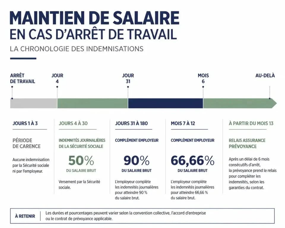 Chronologie du maintien de salaire en cas d'arrêt de travail selon la mutuelle maintien de salaire et la prévoyance