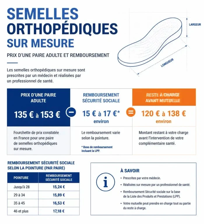Infographie sur le tarif des semelles orthopédiques sur mesure, le remboursement et le reste à charge