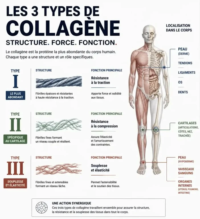 Schéma des types de collagène en poudre et leur rôle dans l'organisme
