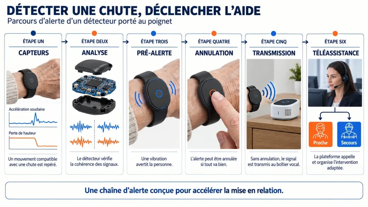Schéma du fonctionnement d’un détecteur de chute automatique et de la transmission de l’alerte