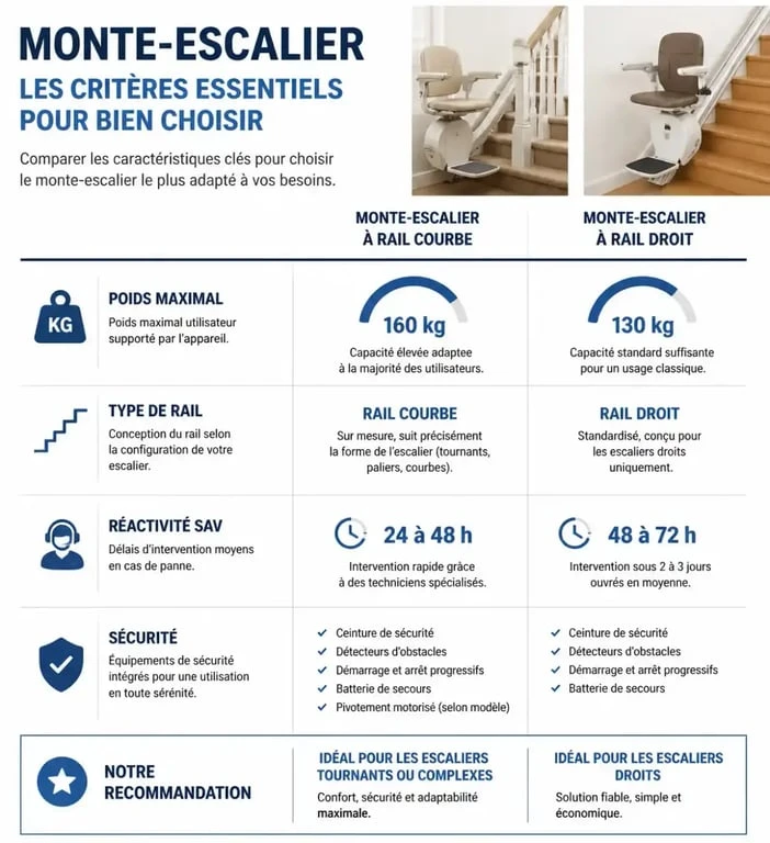Infographie comparative des critères pour choisir la meilleure marque de monte-escalier