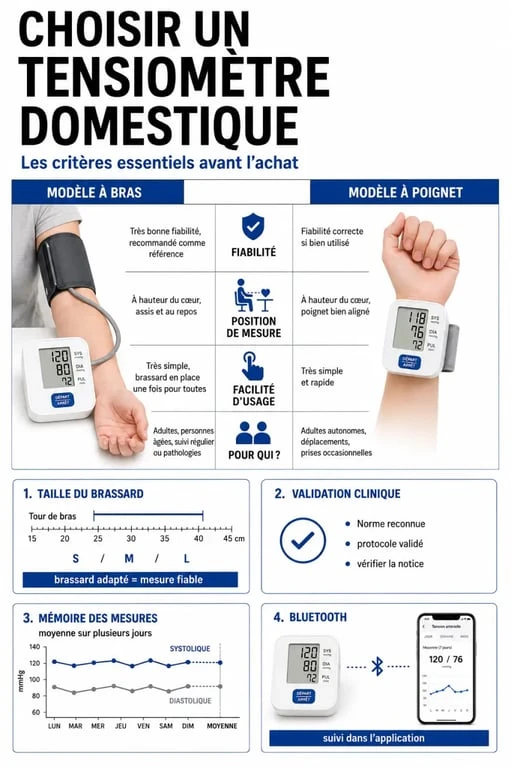 Comparatif visuel pour choisir le meilleur tensiomètre entre modèle à bras et à poignet, avec critères de brassard et de fiabilité
