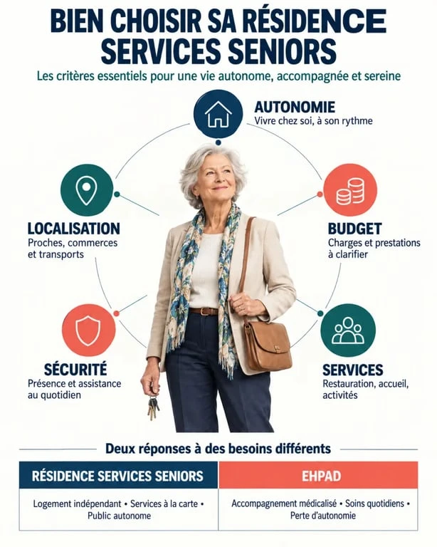 Comment choisir résidence services seniorescence : critères de comparaison entre autonomie, budget, services, sécurité et localisation