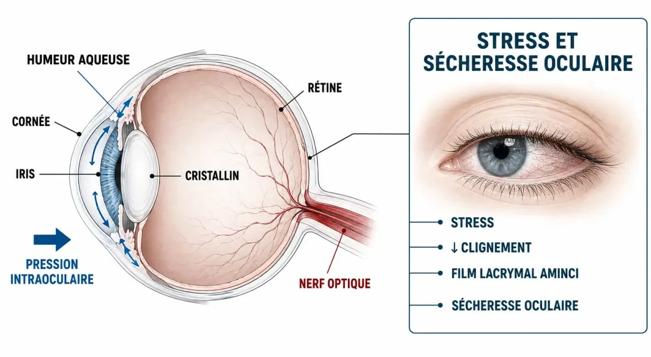 Stress et tension oculaire : illustration de l’œil et des effets du stress sur la sécheresse et la pression intraoculaire