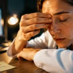 Stress et tension oculaire : main qui masse la paupière fermée