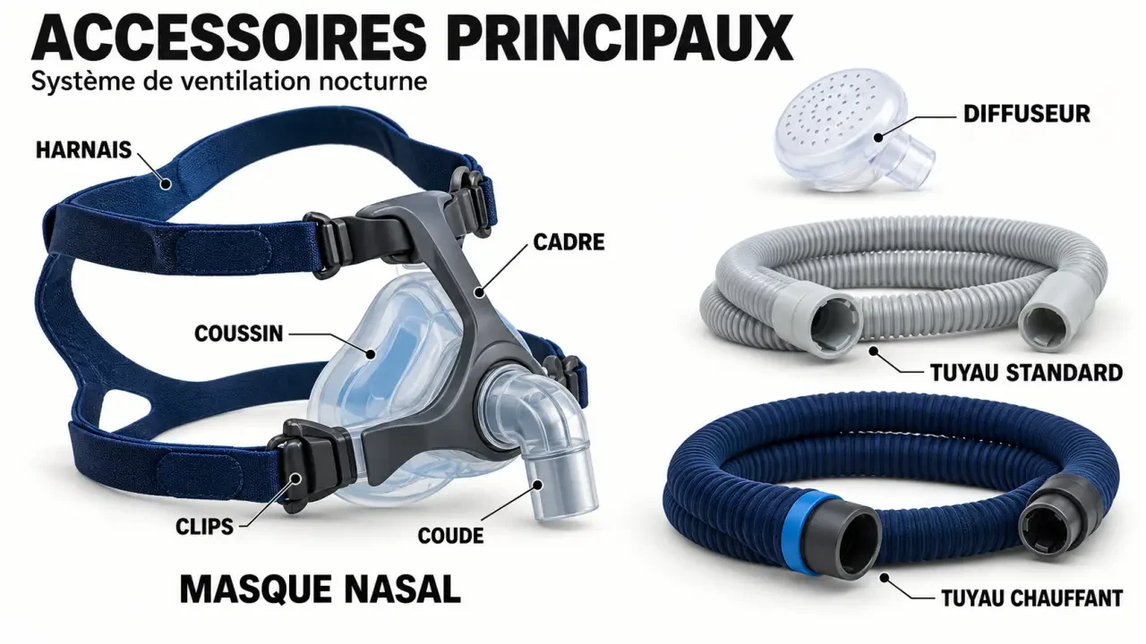 Accessoires pour appareil apnée du sommeil : pièces d’un masque, tuyaux et raccords