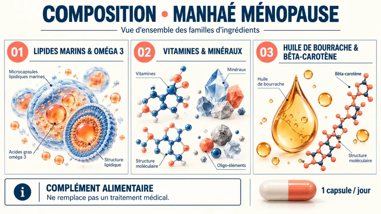 Schéma éditorial de la composition de manhaé ménopause avec oméga 3, vitamines et minéraux