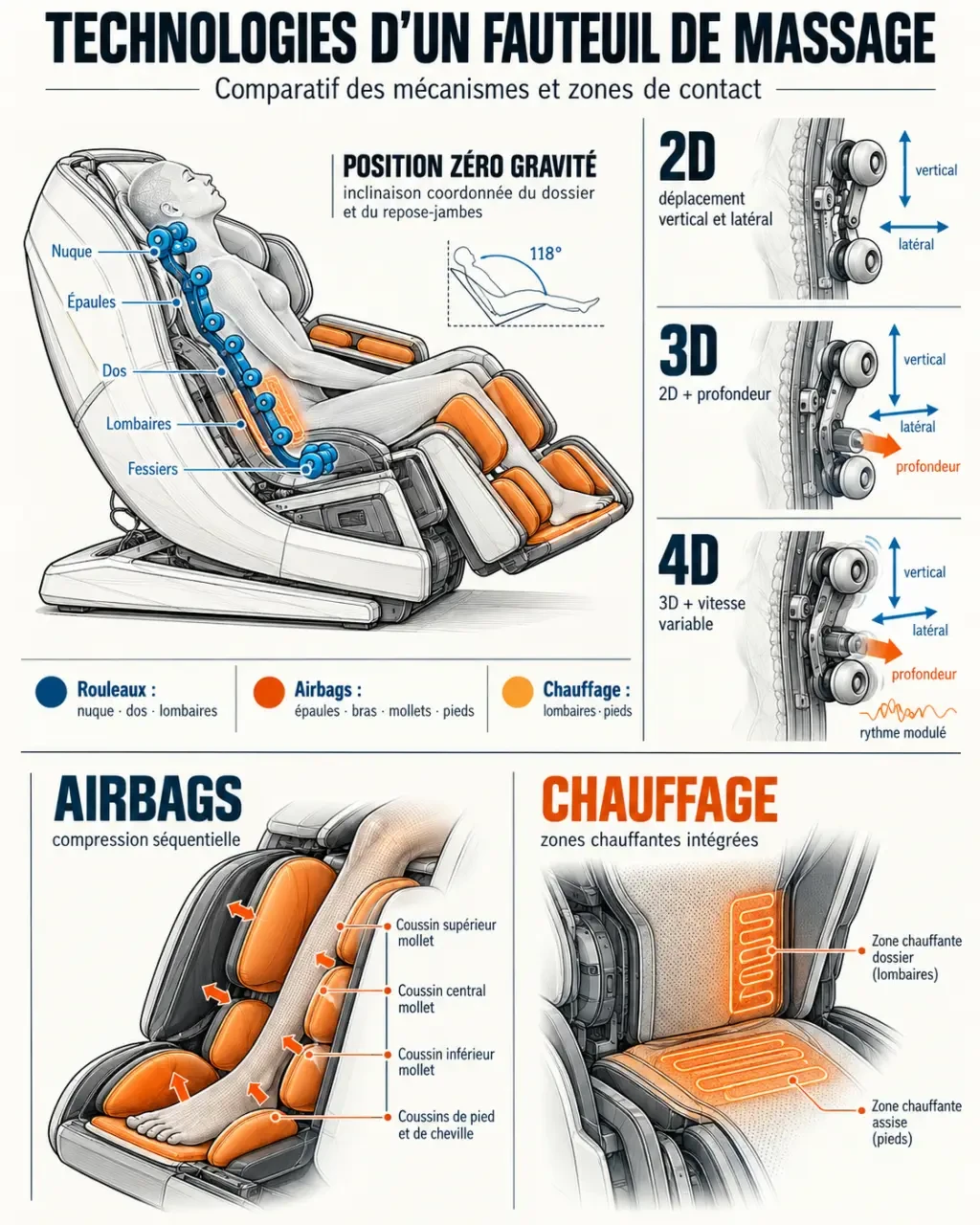 Infographie des technologies d’un fauteuil de massage 2D, 3D, 4D, airbags et position zéro gravité