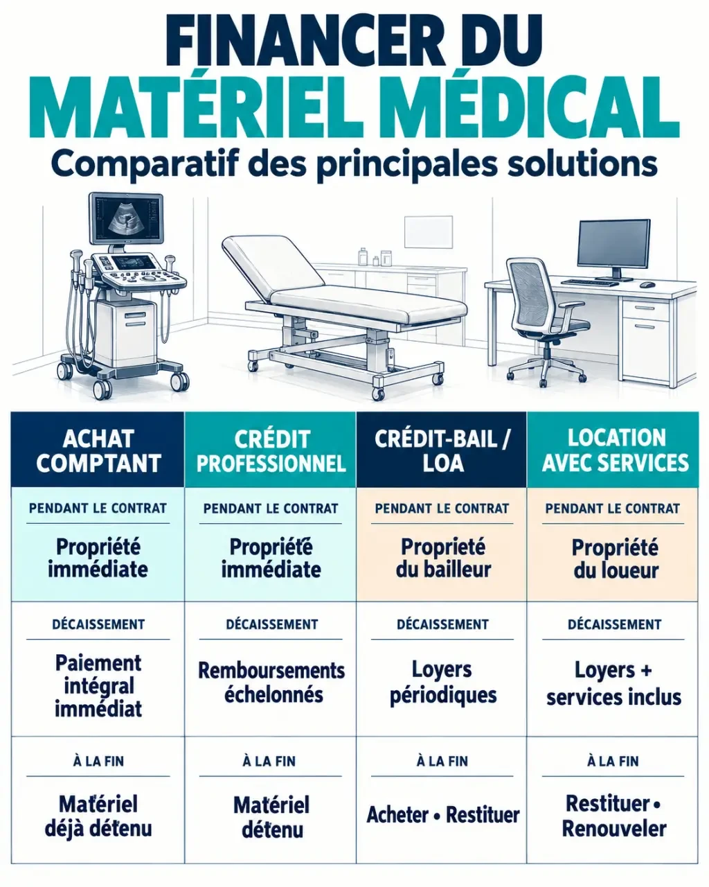 Infographie comparative sur le leasing de matériel médical, le crédit-bail et l’achat