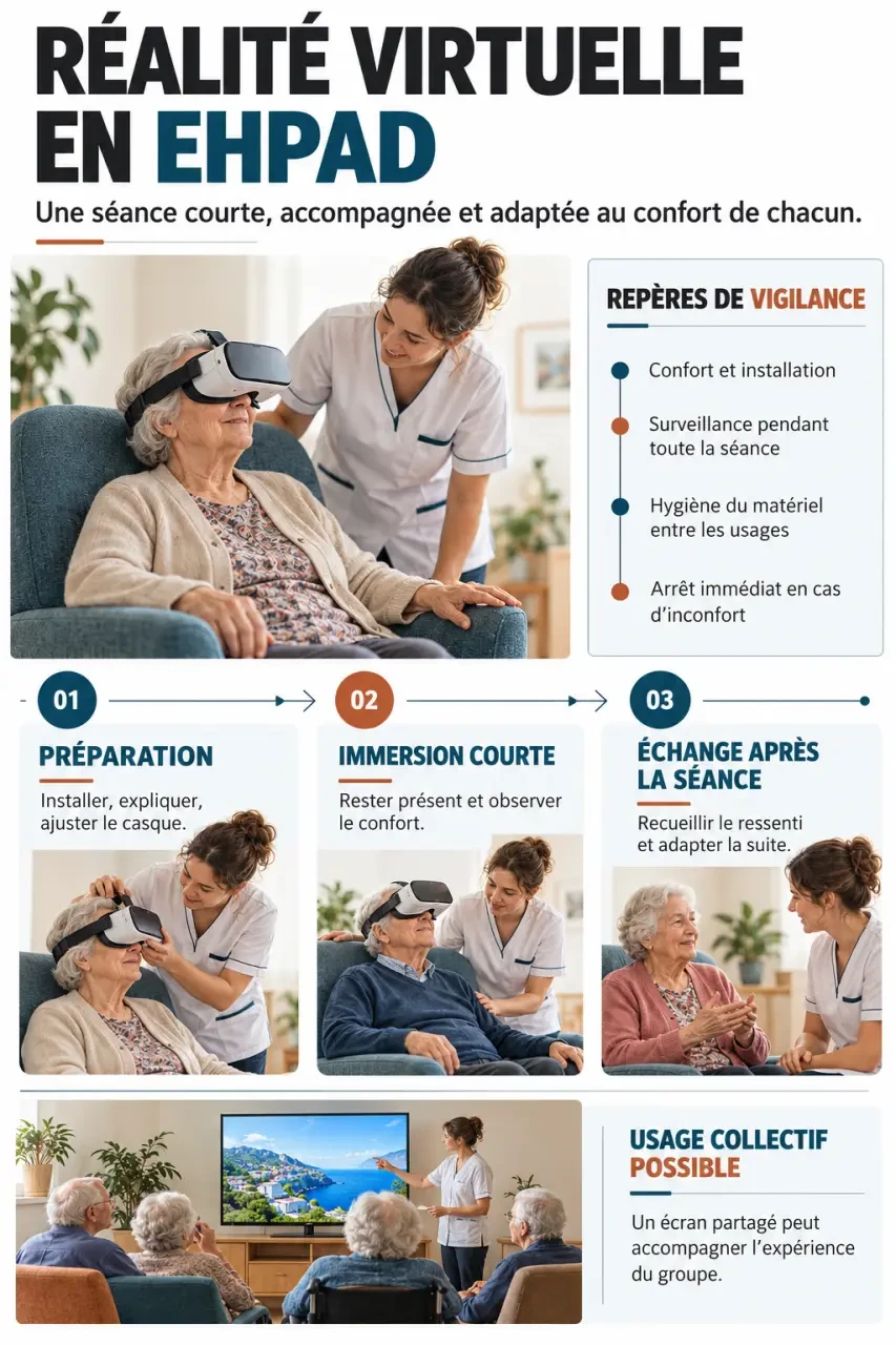 Infographie sur la réalité virtuelle en EHPAD avec accompagnement du résident, précautions et déroulement d’une séance