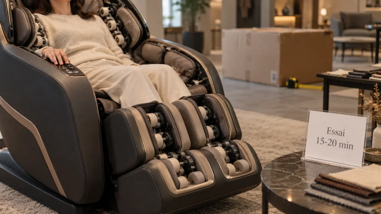 Fauteuil de massage testé en showroom, essai 15-20 min